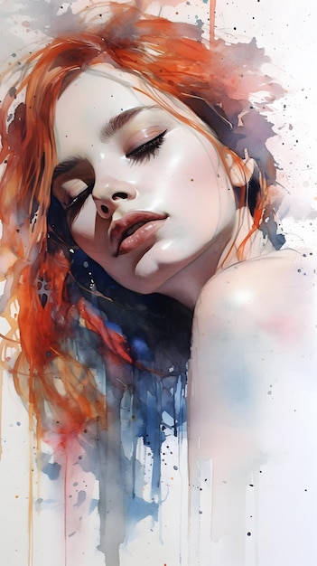 Watercolor portrait of a beautiful red hair young woman with splashes of color