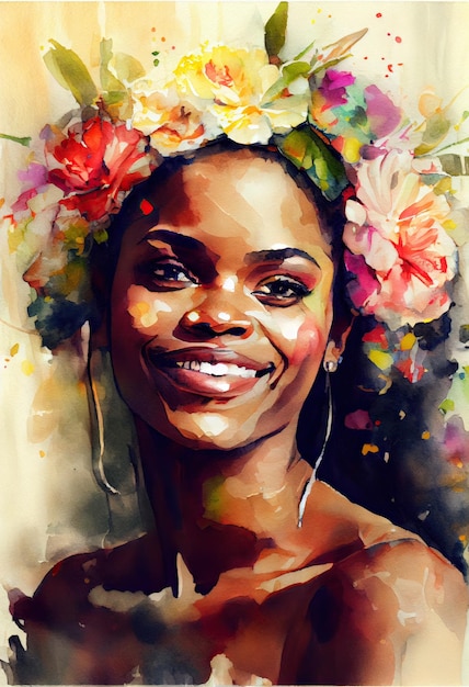 열대 꽃을 들고 웃고 있는 아름다운 흑인 여성의 수채화 초상화. 생성 AI