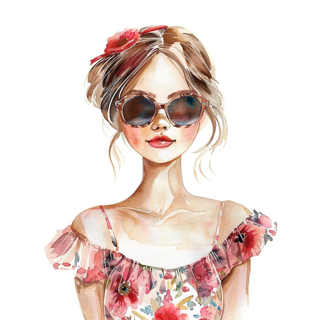 Photo watercolor portrait of a beautiful young girl in sunglasses on a white background