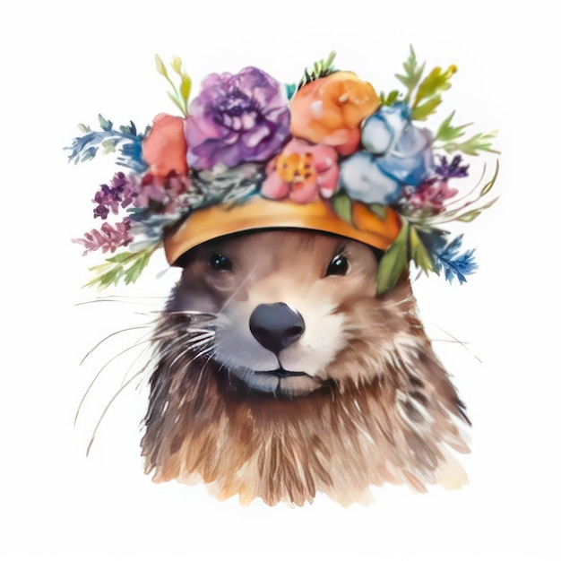 Watercolor portrait of a beaver wearing a flower hat