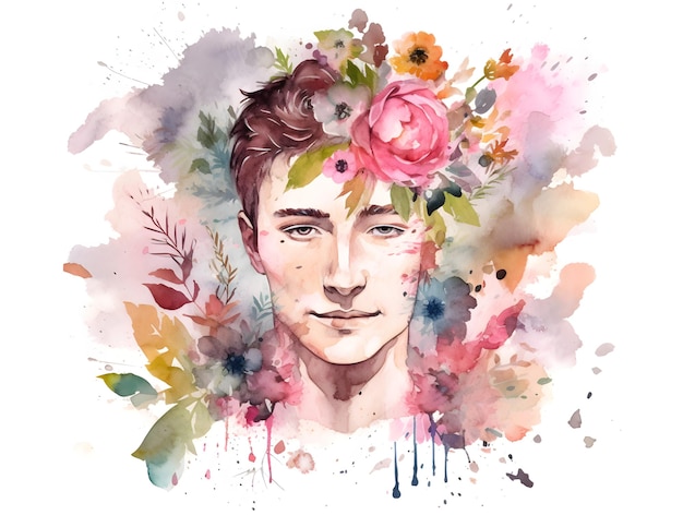 A watercolor portrait of a boy with flowers on his head