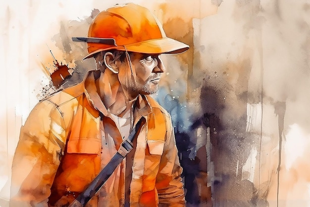 Photo watercolor portrait of a construction worker detailed painting labour day generated ai