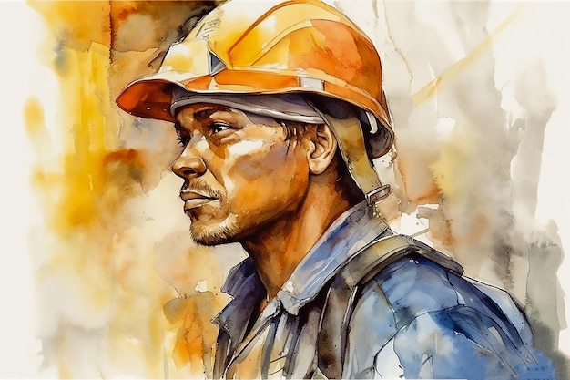 Watercolor portrait of a construction worker detailed painting labour day generated ai