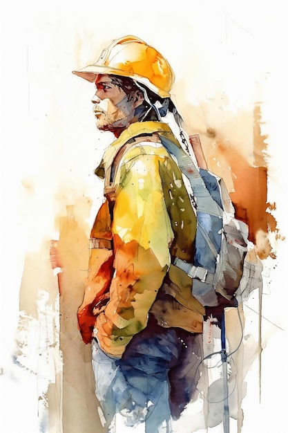 Watercolor portrait of a construction worker detailed painting labour day generated ai