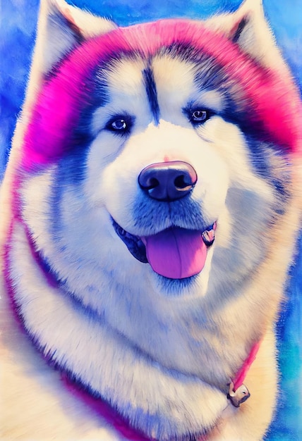 Foto ritratto ad acquerello del simpatico cane alaskan malamute