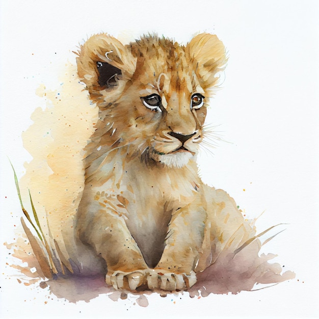 Watercolor portrait of a cute baby lion