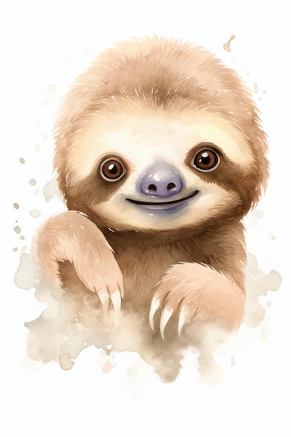 Watercolor portrait of cute baby sloth