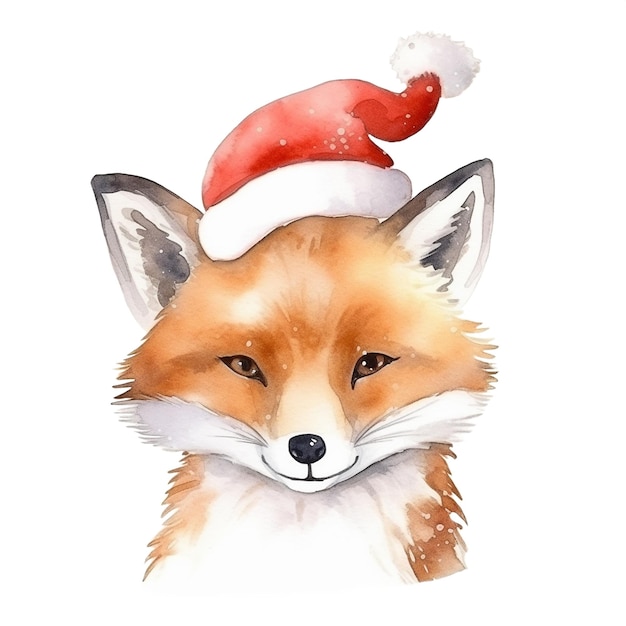 Watercolor portrait of cute fox in santa hat isolated on white Christmas card Generative ai