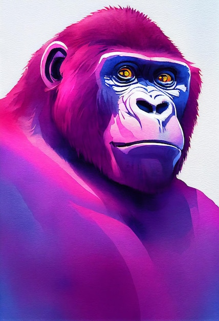 Watercolor portrait of cute gorilla land animal