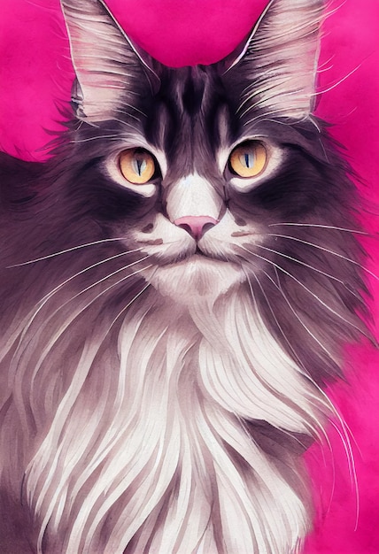 Watercolor portrait of cute Maine Coon cat