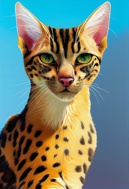 Watercolor portrait of cute Savannah cat