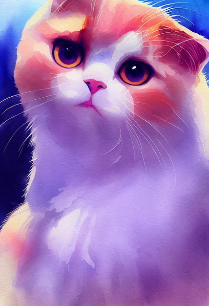 Watercolor portrait of cute Scottish Fold cat