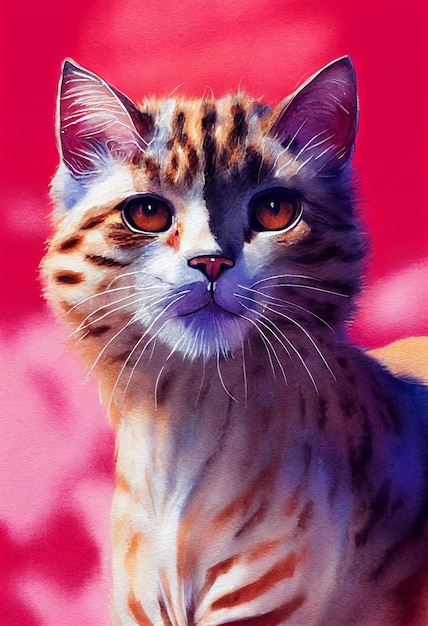 Watercolor portrait of cute Serengeti cat