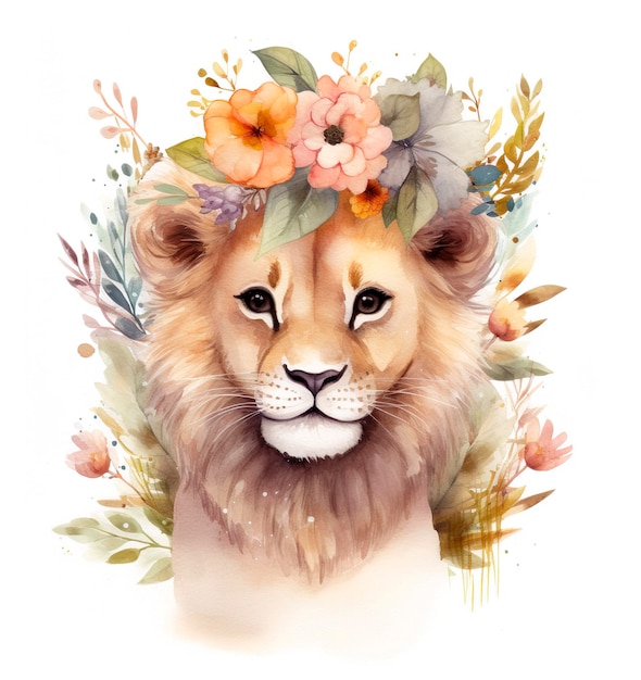 Watercolor portrait of a cute young lion with a wreath of flowers