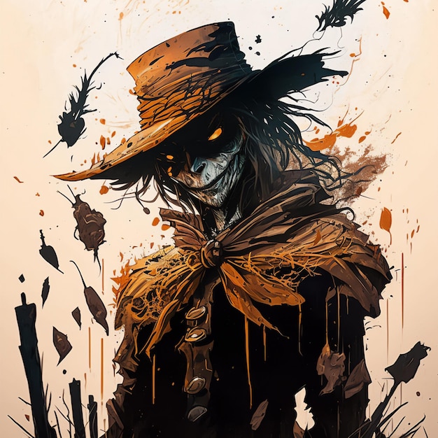 Photo watercolor portrait of an evil scarecrow in modern art