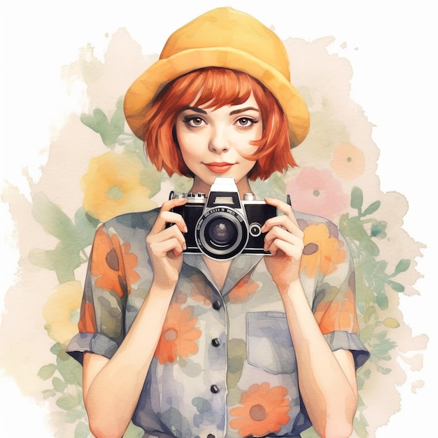 Watercolor Portrait of Fashion Girl with a Hat and Camera Immersed in Beauty