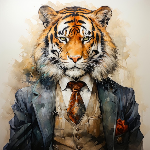 акварельный портрет с изображением тигра в гладком деловом костюме, излучающий силу и изысканность