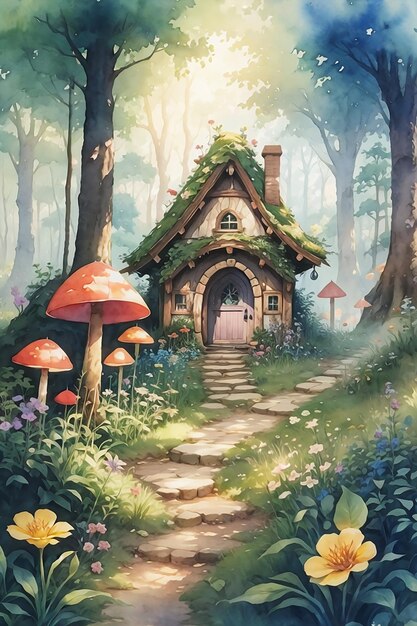 Watercolor portrait from fairyland enchanted forest with mushroom and small house