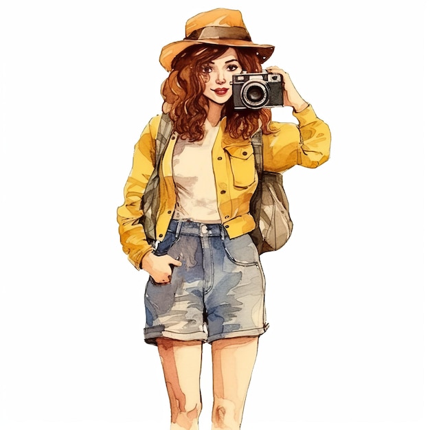 Watercolor Portrait of a Girl with Yellow Jacket Hat and Camera