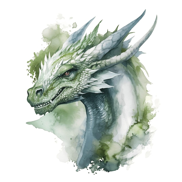 Watercolor portrait of a green ferocious dragon isolated on the background Generative AI