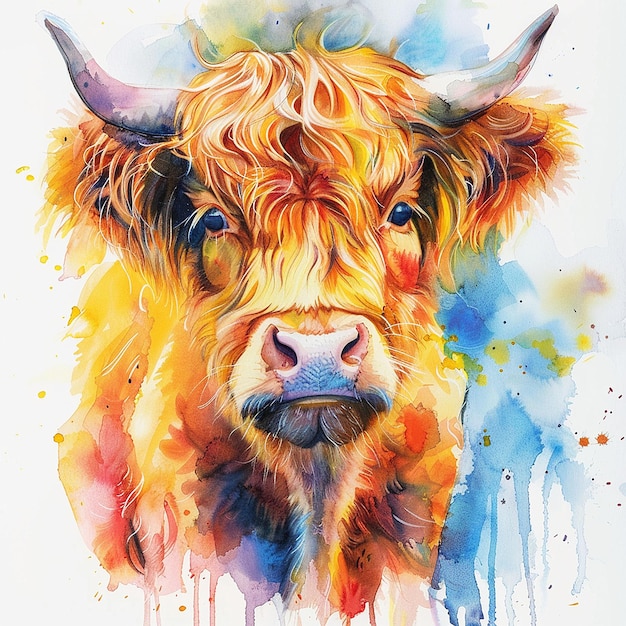 A Watercolor Portrait of a Highland Cow