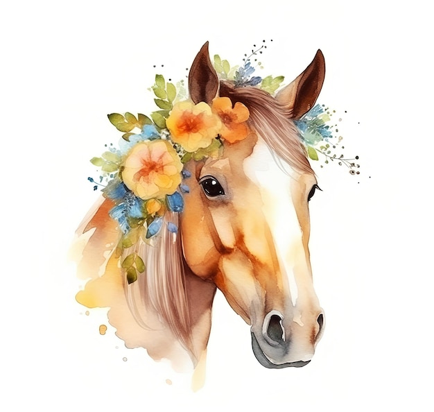 Watercolor portrait of a horse with flowers Generated ai