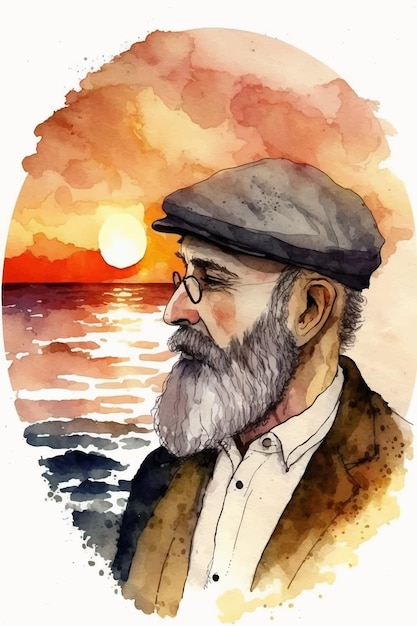 Foto ritratto ad acquerello di un uomo con cappello e occhiali