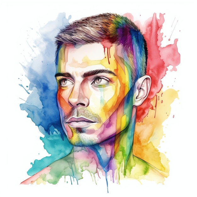 A watercolor portrait of a man with a rainbow colored face.