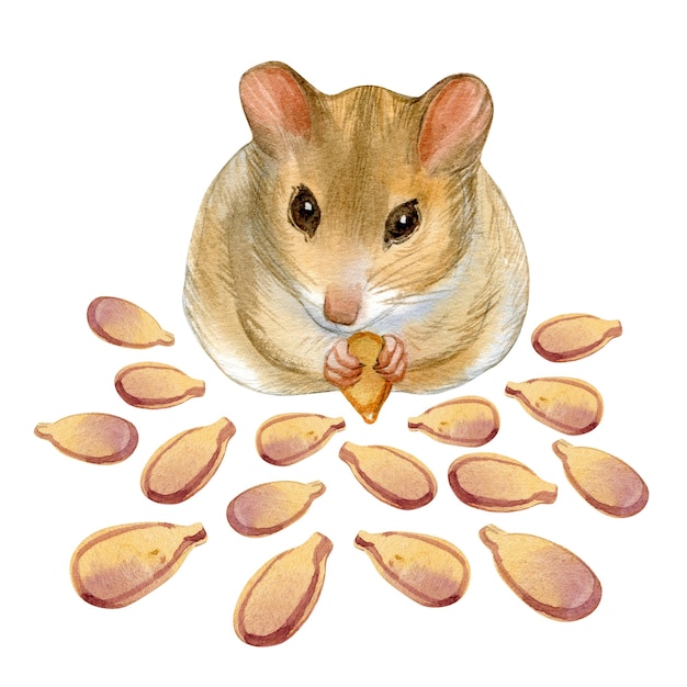 Watercolor of portrait of mouse and pumpkin seeds on white background