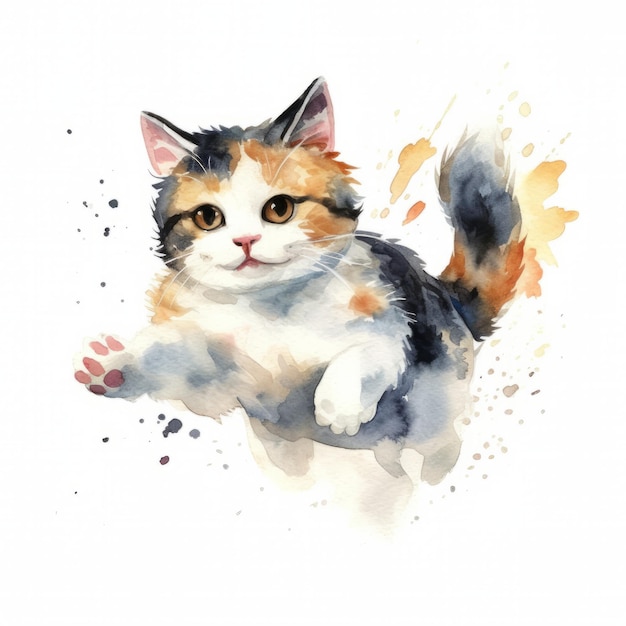 Watercolor portrait of a multicolored cat on a white background