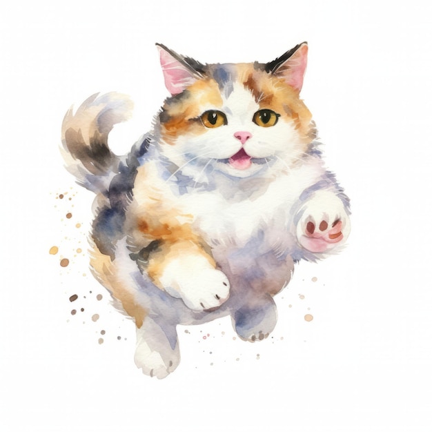 Акварельный портрет разноцветной кошки на белом фоне