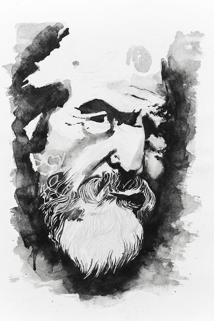 Watercolor portrait of old bearded man drawing by hand on paper Black and white artwork