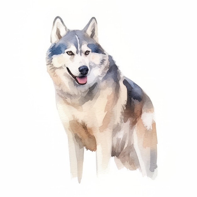 Watercolor portrait of a siberian husky dog