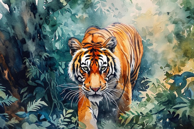 Watercolor portrait of a tiger walking through the jungle