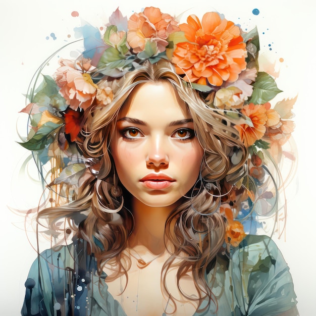 watercolor portrait of woman in floral crown