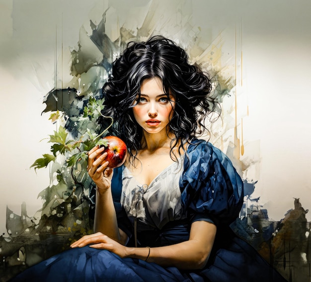 watercolor portrait of a woman holding an apple