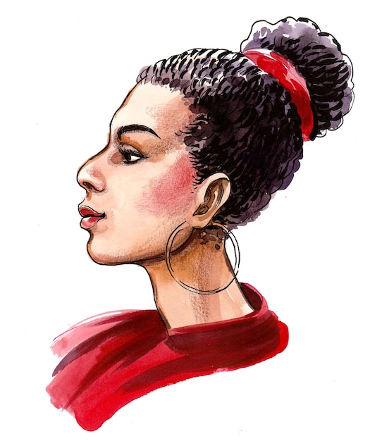 A watercolor portrait of a woman with a bun