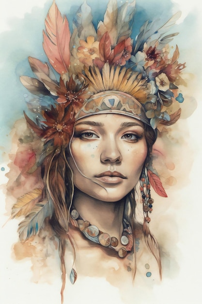 A watercolor portrait of a woman with feathers on her head.