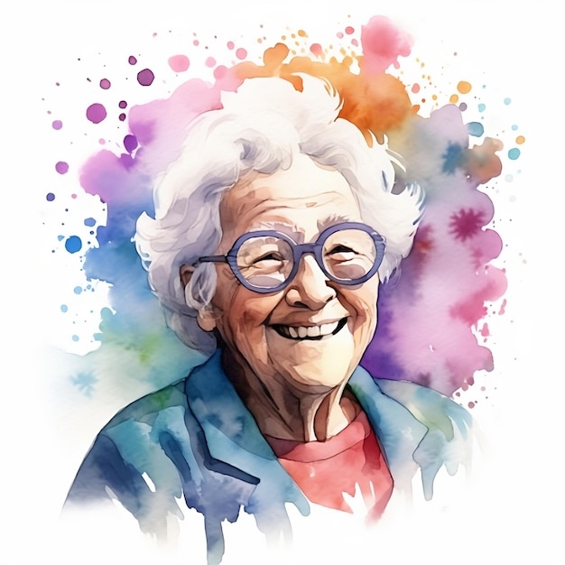 A watercolor portrait of a woman with glasses and a red shirt.