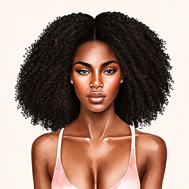 Акварельный портрет молодой красивой африканской женщины с кудрявыми волосами