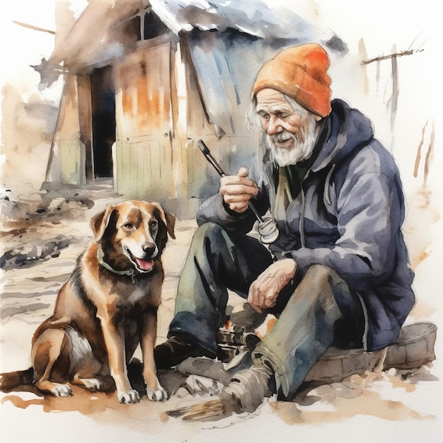 Watercolor Portraits Of Old Russian Man And Dog In Rusty Debris