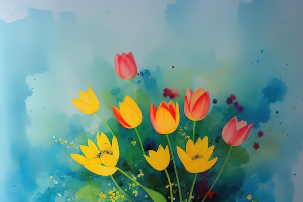 Watercolor postcard from a delicate bouquet of tulips Generative AI