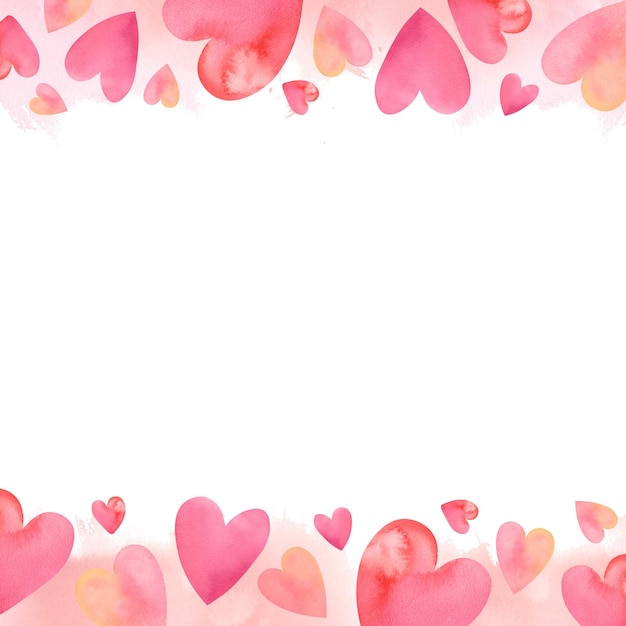Watercolor postcard for Valentines Day Horizontal frame banner template of pink and red hearts hand painted Happy celebration