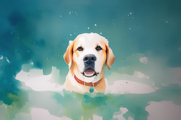 Watercolor postcard with a pet dog retriever bathing in a bubble bath Generative AI