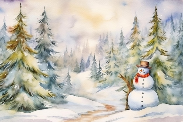 雪に覆われた森の中に雪だるまを描いた水彩ポストカード ポスター ポストカードのバナーに使用されるかわいいキャラクター