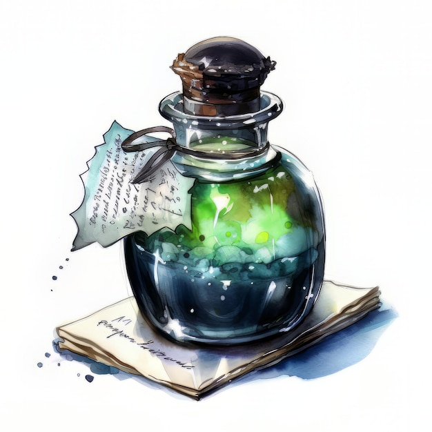 watercolor potion bottle and recipe paper