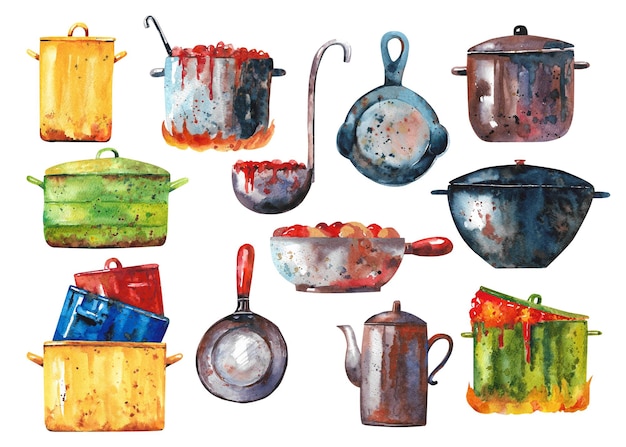 Watercolor pots and pans Set of old kitchen utensils
