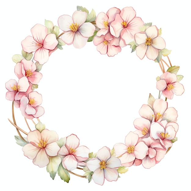 watercolor primrose flower arrangement around a white circle clipart in the style of soft and dream