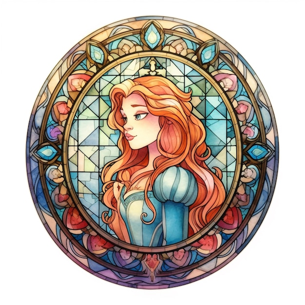 A watercolor of a princess in a stained glass window.