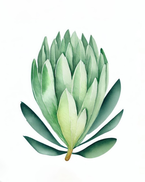 Watercolor of protea leaf isolated on white background